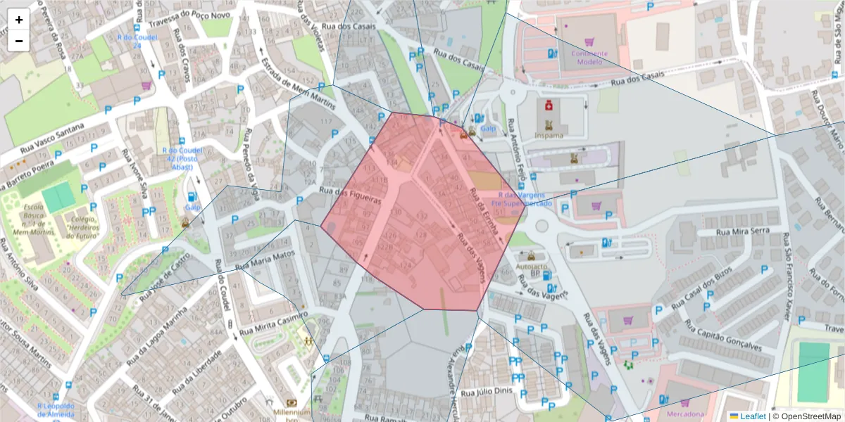 Mapa detalhado do código postal 2725-312 com limites, códigos postais vizinhos e agências dos correios