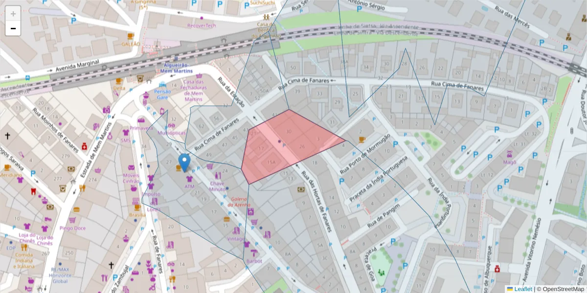 Mapa detalhado do código postal 2725-326 com limites, códigos postais vizinhos e agências dos correios