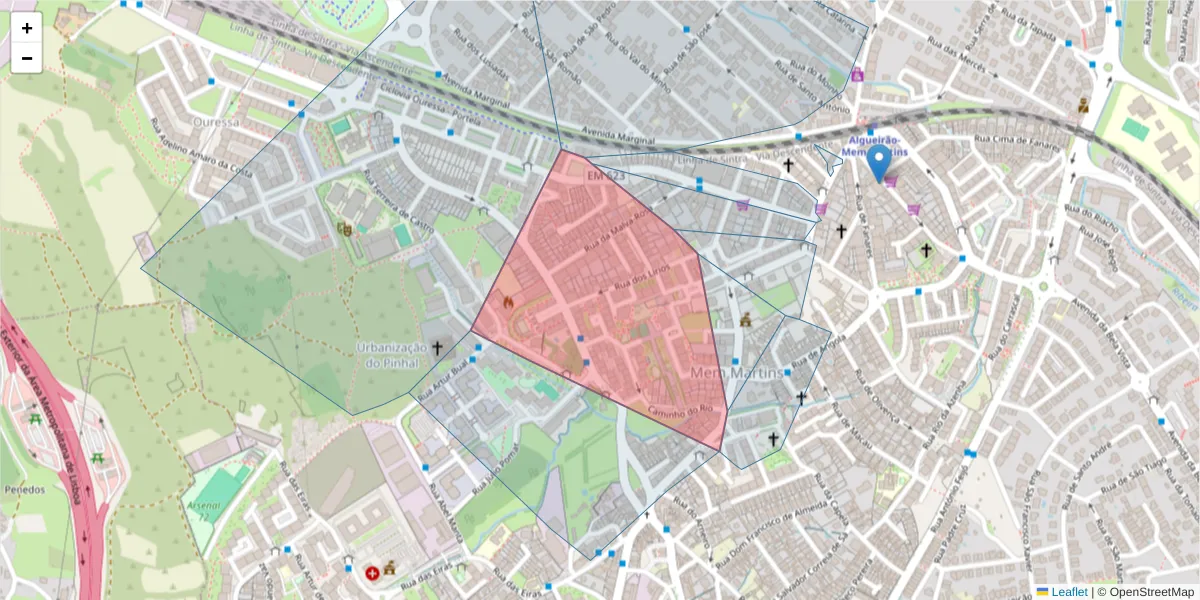 Mapa detalhado do código postal 2725-328 com limites, códigos postais vizinhos e agências dos correios