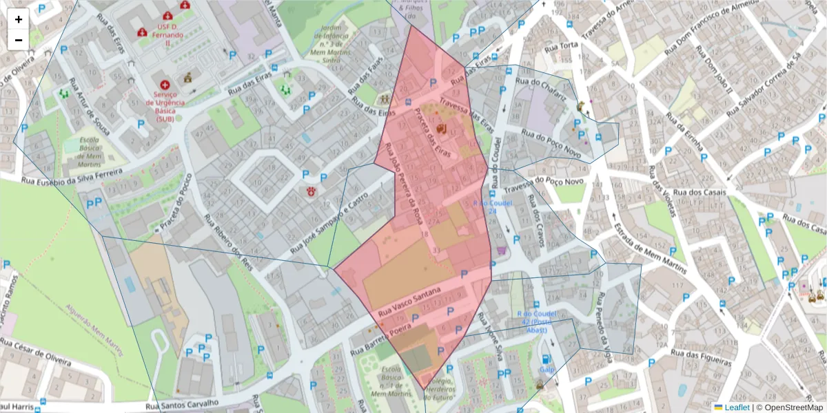 Mapa detalhado do código postal 2725-339 com limites, códigos postais vizinhos e agências dos correios
