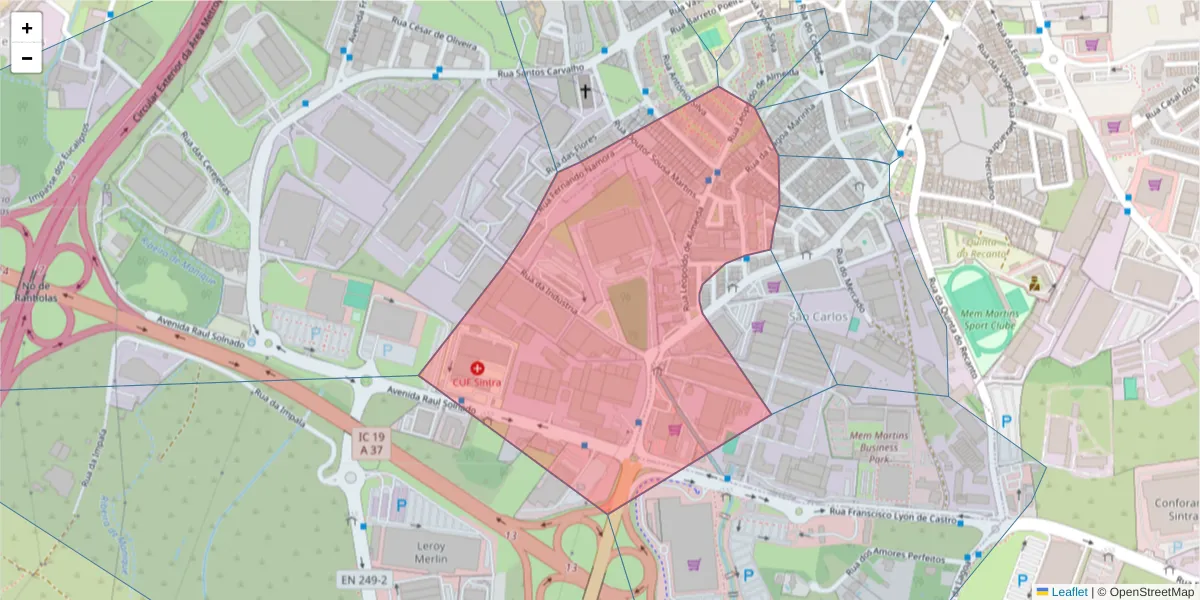 Mapa detalhado do código postal 2725-357 com limites, códigos postais vizinhos e agências dos correios