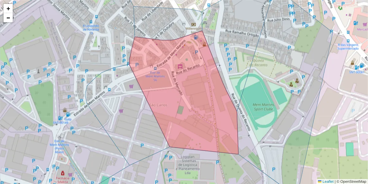 Mapa detalhado do código postal 2725-377 com limites, códigos postais vizinhos e agências dos correios