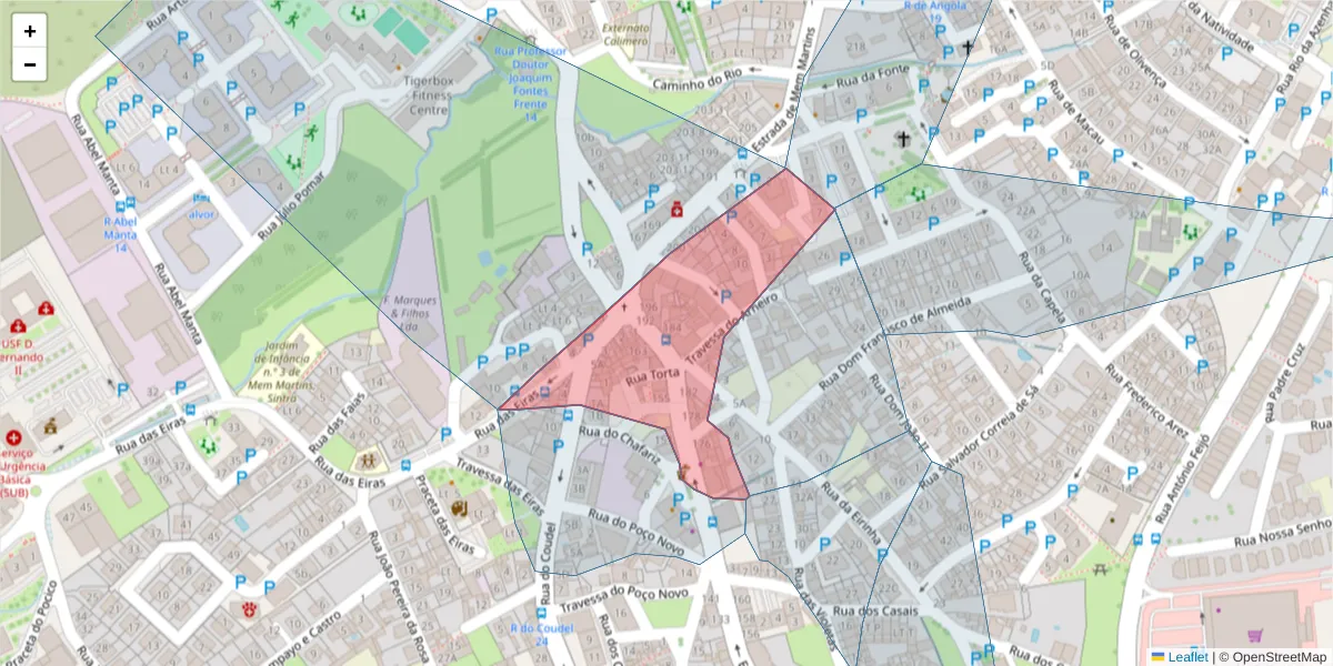 Mapa detalhado do código postal 2725-381 com limites, códigos postais vizinhos e agências dos correios