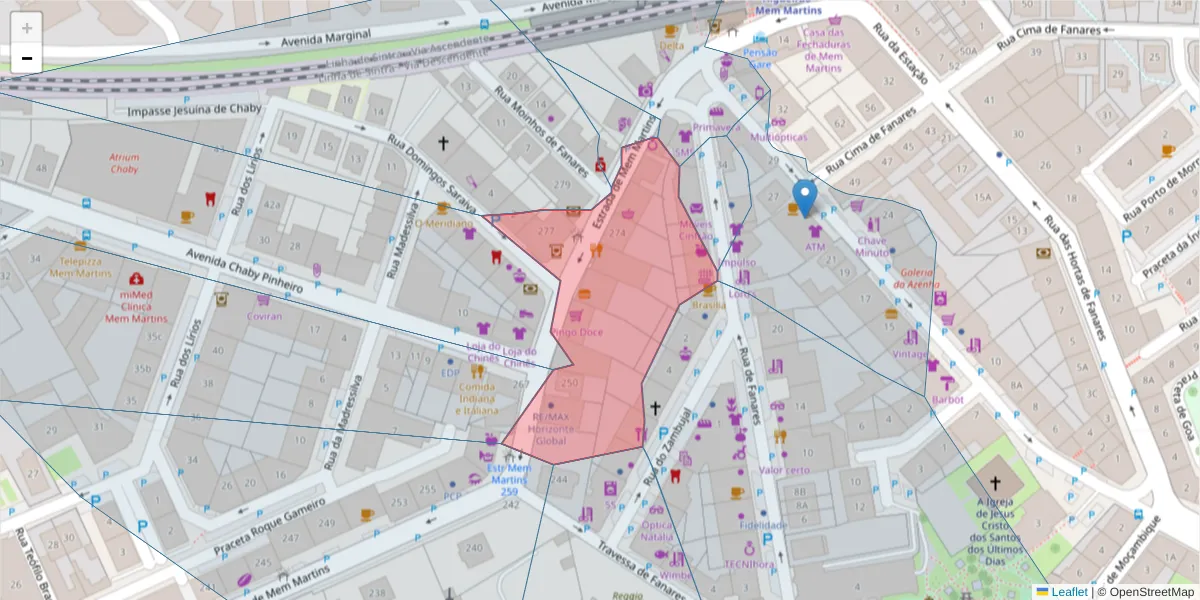 Mapa detalhado do código postal 2725-384 com limites, códigos postais vizinhos e agências dos correios
