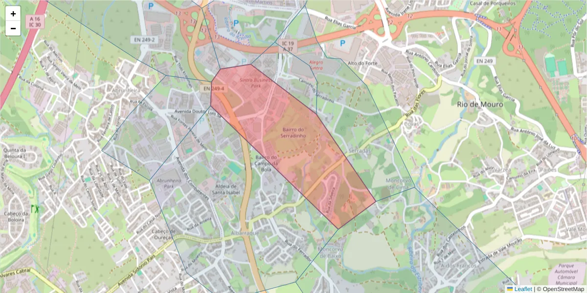 Mapa detalhado do código postal 2725-385 com limites, códigos postais vizinhos e agências dos correios