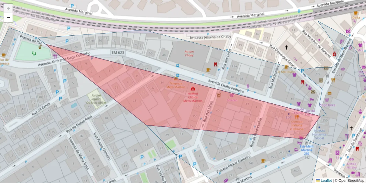 Mapa detalhado do código postal 2725-391 com limites, códigos postais vizinhos e agências dos correios