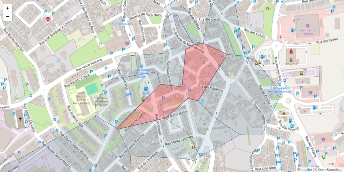 Mapa detalhado do código postal 2725-417 com limites, códigos postais vizinhos e agências dos correios