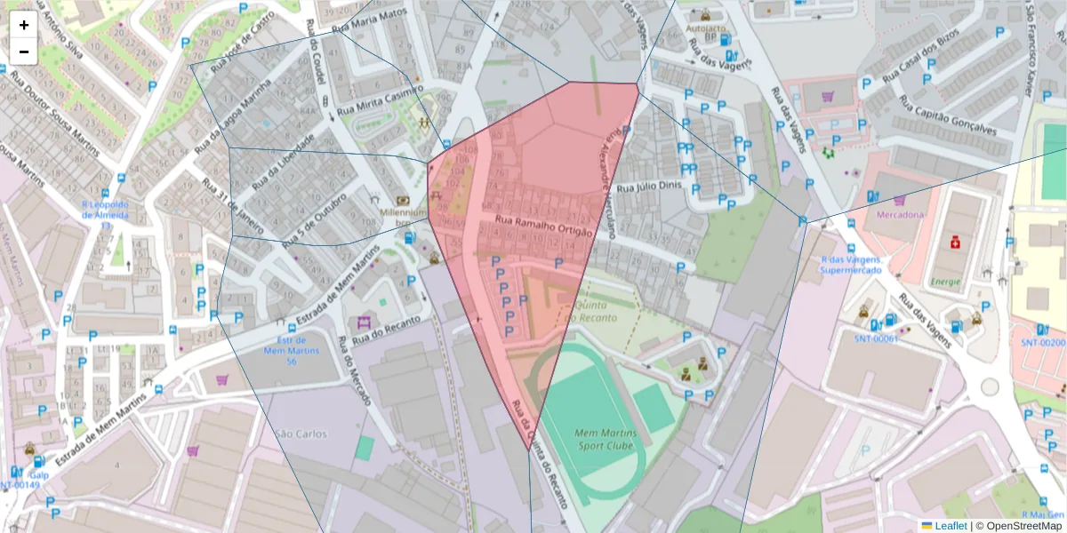Mapa detalhado do código postal 2725-427 com limites, códigos postais vizinhos e agências dos correios