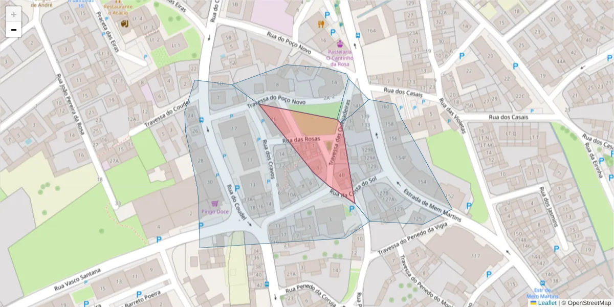 Mapa detalhado do código postal 2725-439 com limites, códigos postais vizinhos e agências dos correios