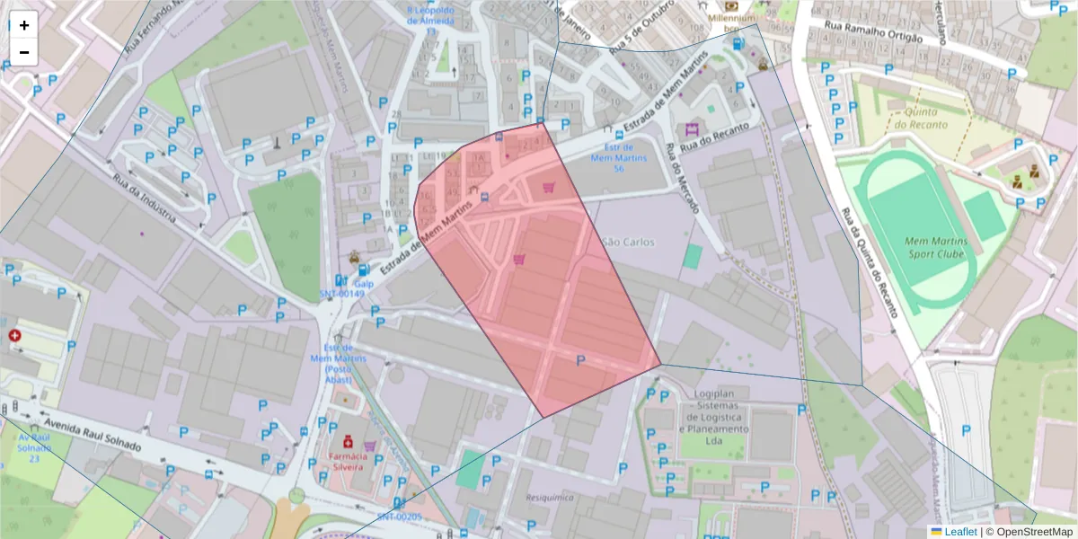 Mapa detalhado do código postal 2725-450 com limites, códigos postais vizinhos e agências dos correios
