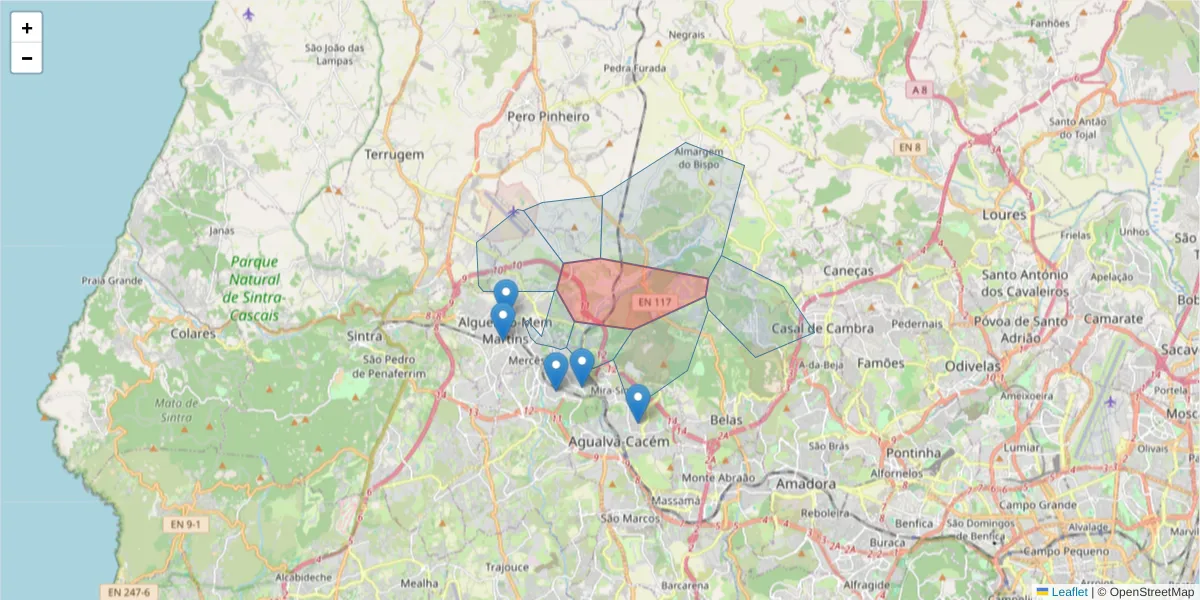Mapa detalhado do código postal 2725-588 com limites, códigos postais vizinhos e agências dos correios