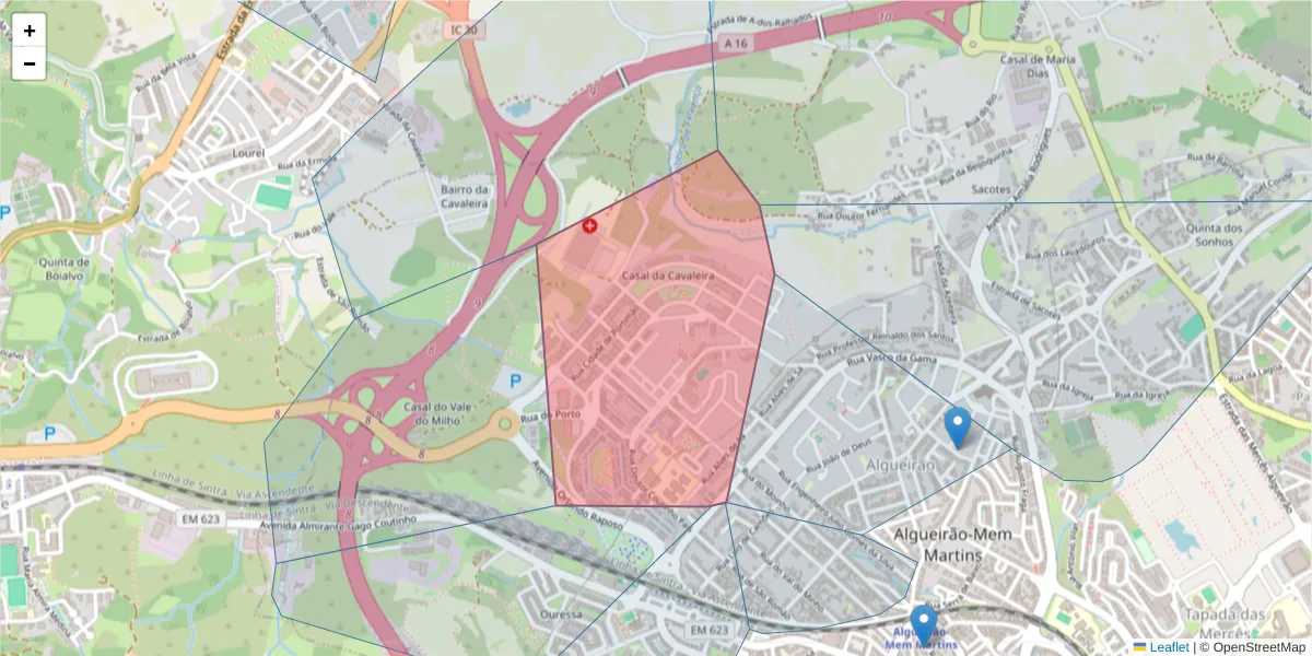 Mapa detalhado do código postal 2725-651 com limites, códigos postais vizinhos e agências dos correios