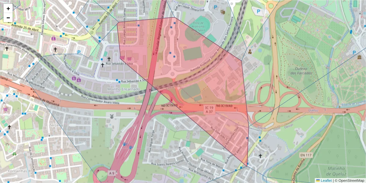 Mapa detalhado do código postal 2734-838 com limites, códigos postais vizinhos e agências dos correios