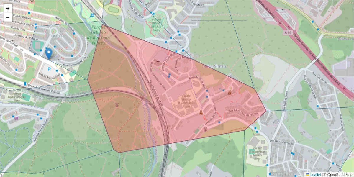 Mapa detalhado do código postal 2735-000 com limites, códigos postais vizinhos e agências dos correios