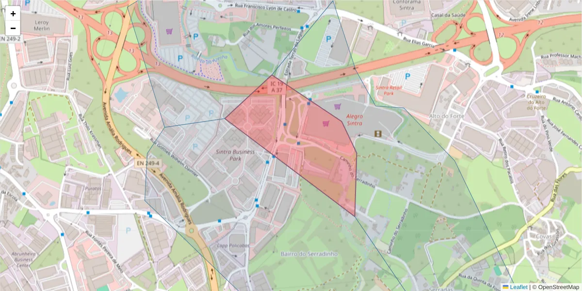 Mapa detalhado do código postal 2735-018 com limites, códigos postais vizinhos e agências dos correios