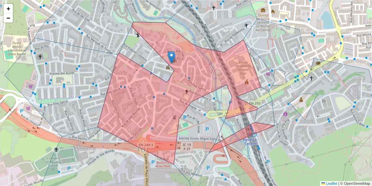 Mapa detalhado do código postal 2735-229 com limites, códigos postais vizinhos e agências dos correios