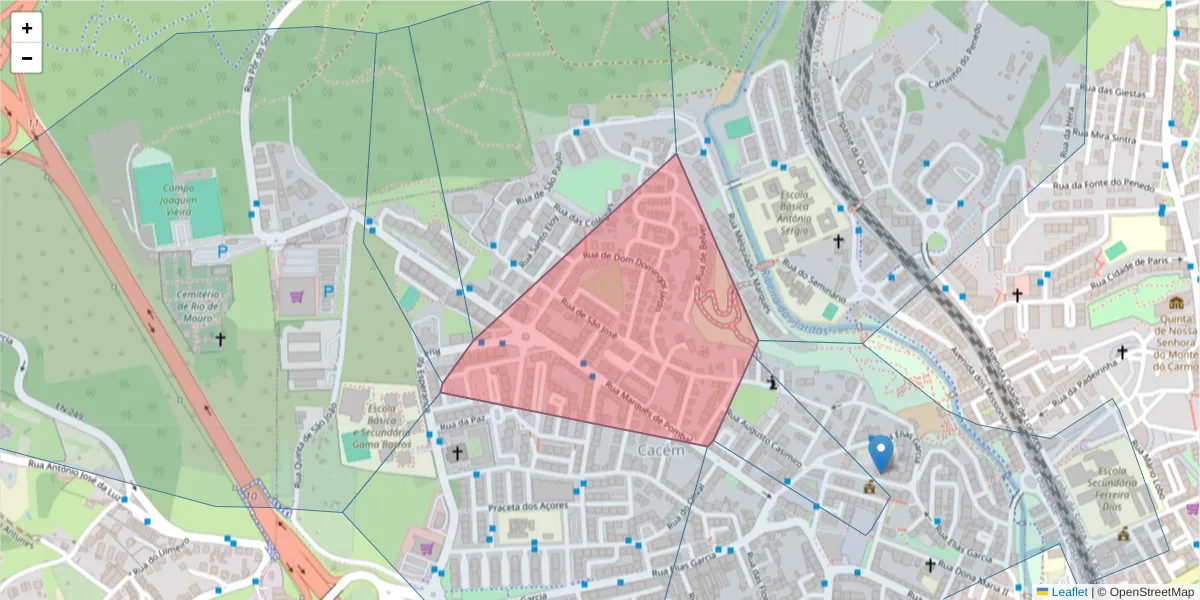 Mapa detalhado do código postal 2735-342 com limites, códigos postais vizinhos e agências dos correios