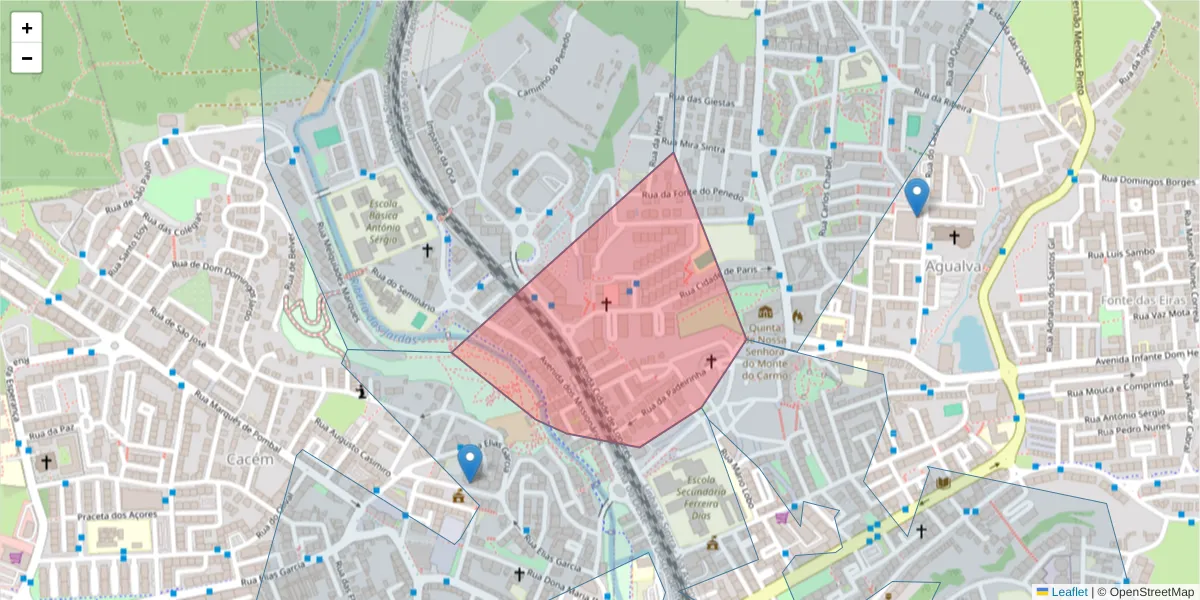 Mapa detalhado do código postal 2735-457 com limites, códigos postais vizinhos e agências dos correios