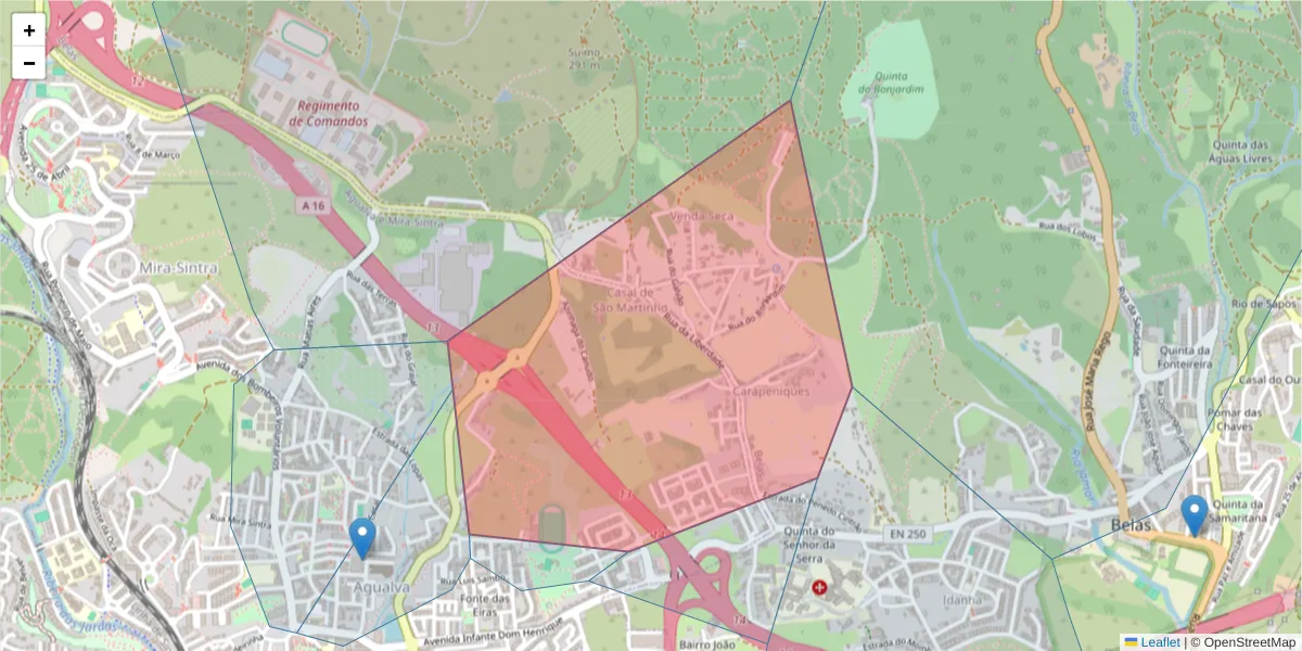Mapa detalhado do código postal 2735-584 com limites, códigos postais vizinhos e agências dos correios