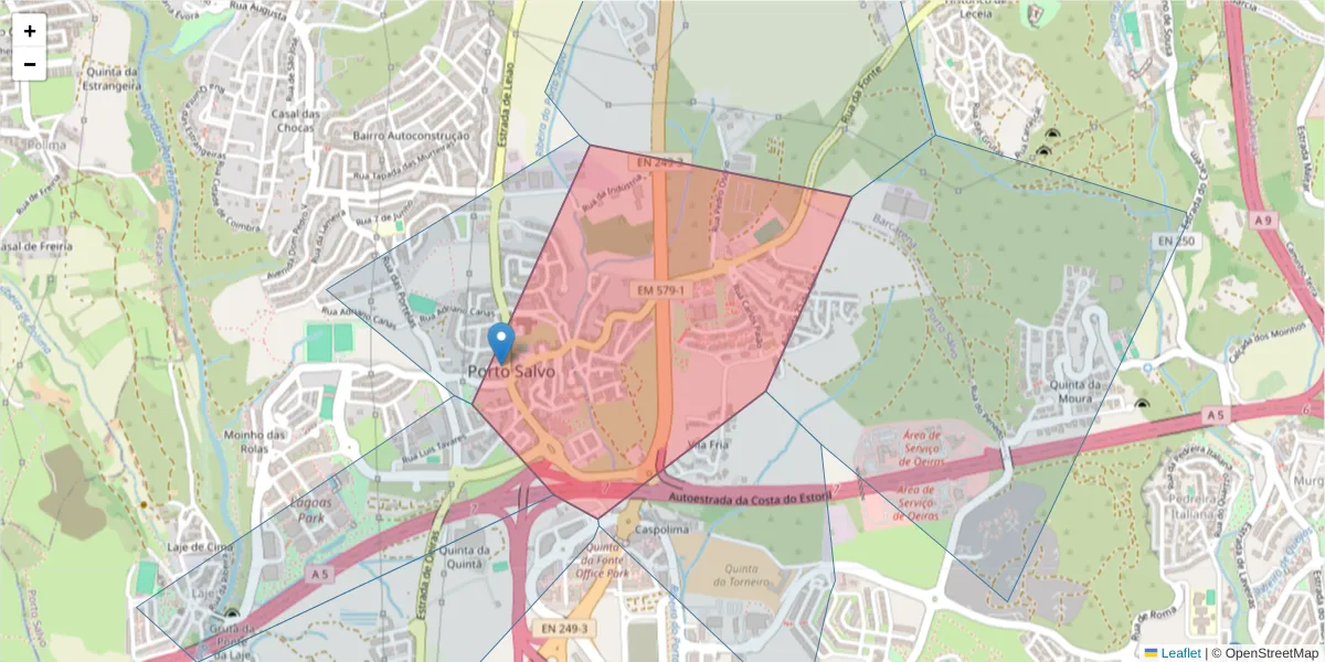 Mapa detalhado do código postal 2740-016 com limites, códigos postais vizinhos e agências dos correios