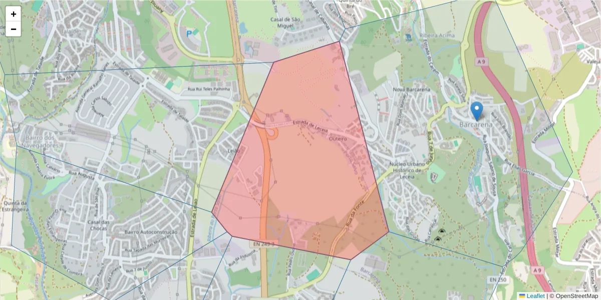 Mapa detalhado do código postal 2740-303 com limites, códigos postais vizinhos e agências dos correios