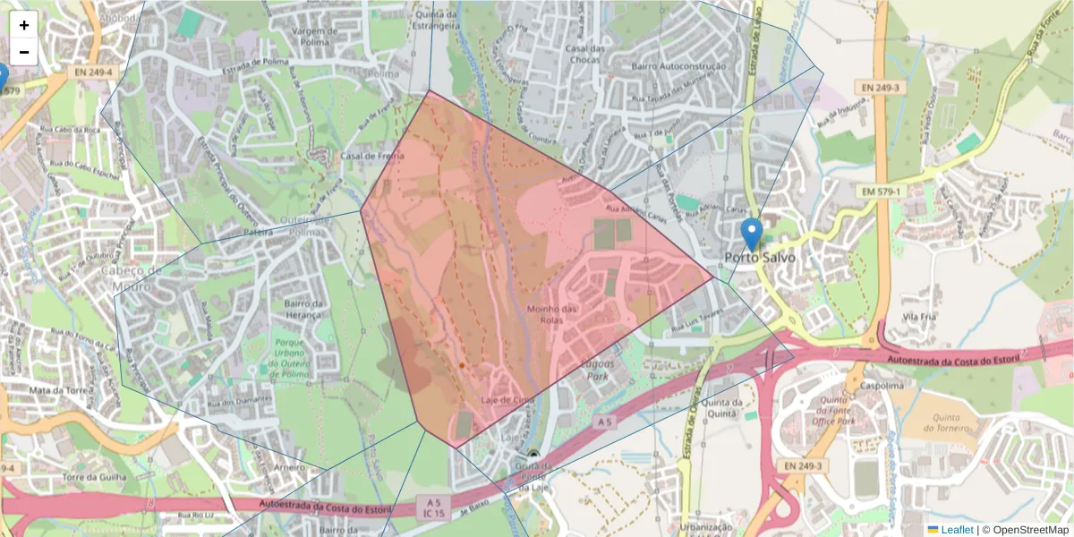 Mapa detalhado do código postal 2744-017 com limites, códigos postais vizinhos e agências dos correios