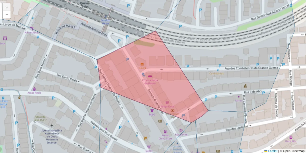 Mapa detalhado do código postal 2745-067 com limites, códigos postais vizinhos e agências dos correios