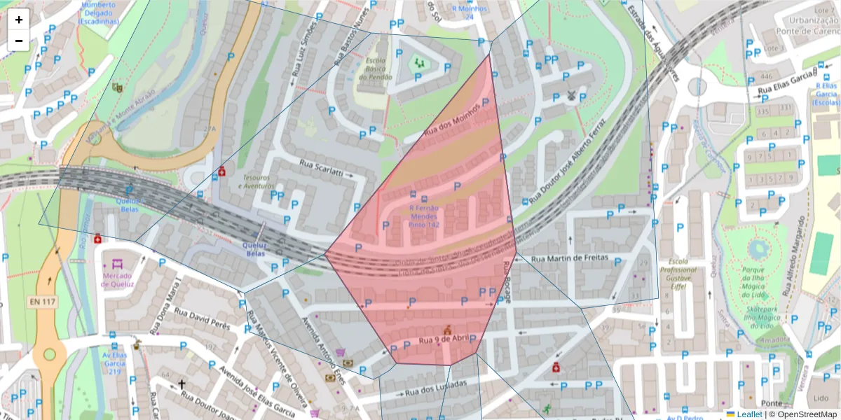 Mapa detalhado do código postal 2745-096 com limites, códigos postais vizinhos e agências dos correios