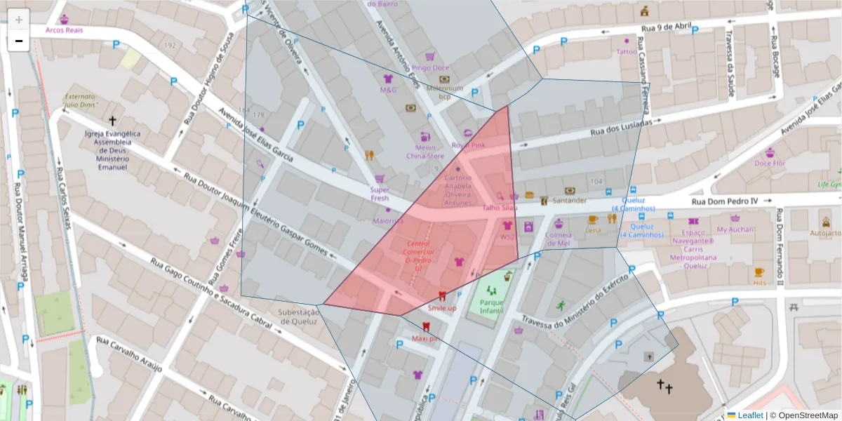 Mapa detalhado do código postal 2745-104 com limites, códigos postais vizinhos e agências dos correios