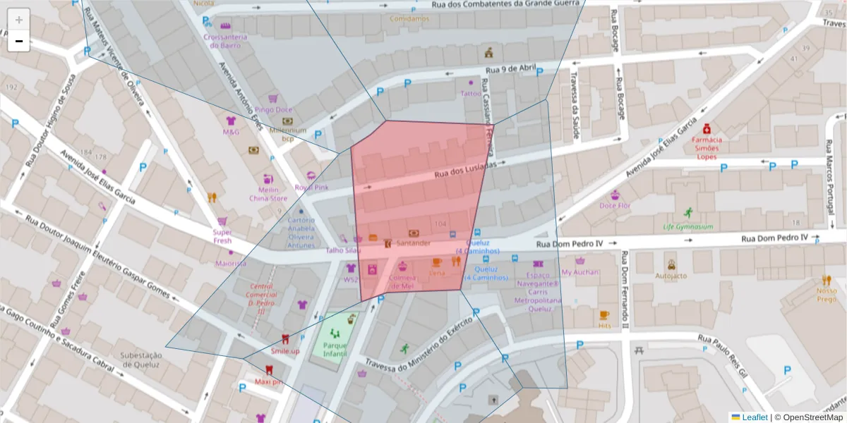 Mapa detalhado do código postal 2745-143 com limites, códigos postais vizinhos e agências dos correios