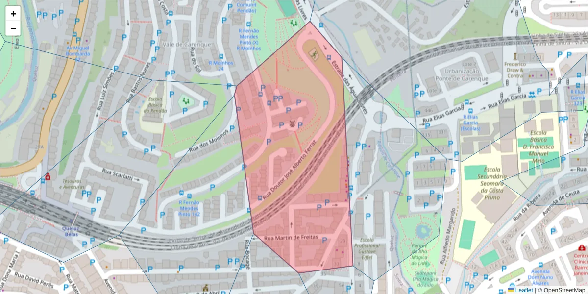Mapa detalhado do código postal 2745-147 com limites, códigos postais vizinhos e agências dos correios