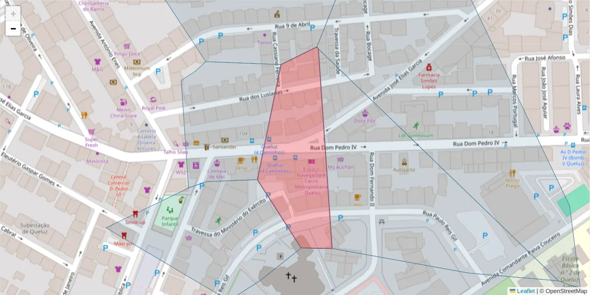 Mapa detalhado do código postal 2745-155 com limites, códigos postais vizinhos e agências dos correios