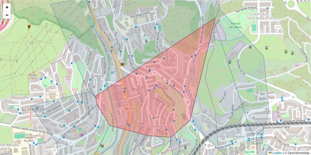 Mapa detalhado do código postal 2745-172 com limites, códigos postais vizinhos e agências dos correios