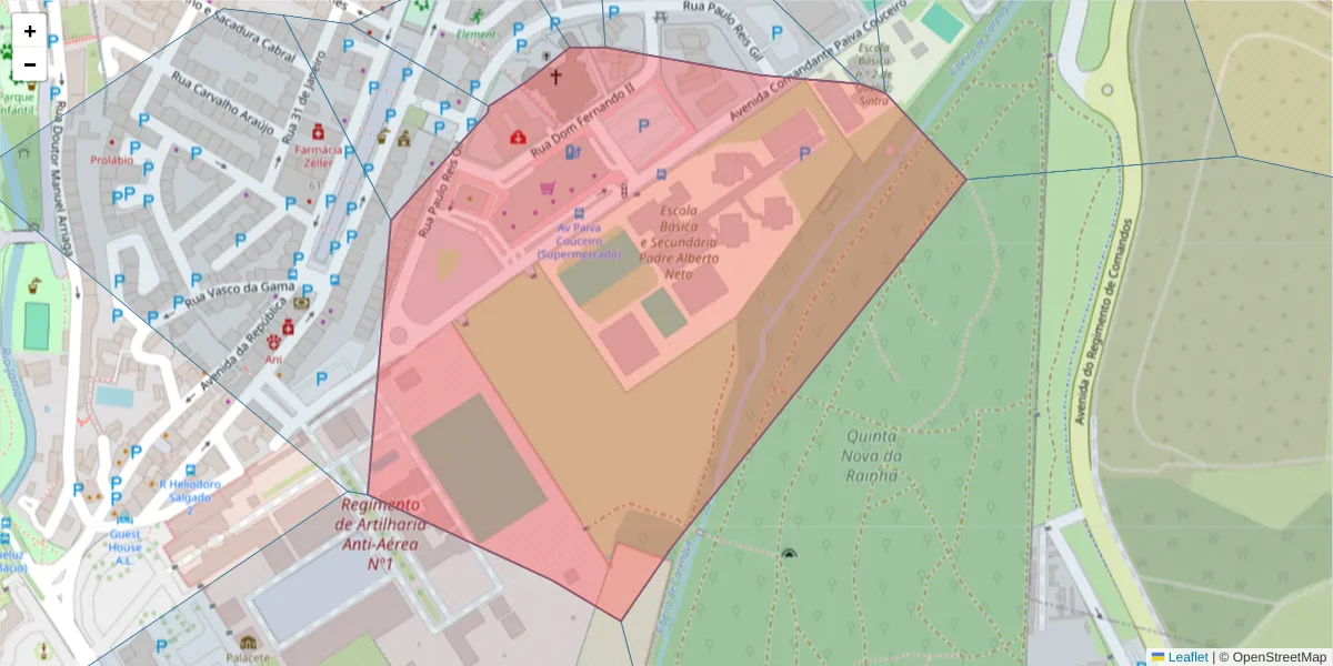 Mapa detalhado do código postal 2745-190 com limites, códigos postais vizinhos e agências dos correios