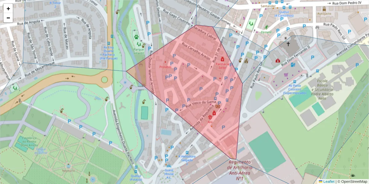 Mapa detalhado do código postal 2745-208 com limites, códigos postais vizinhos e agências dos correios