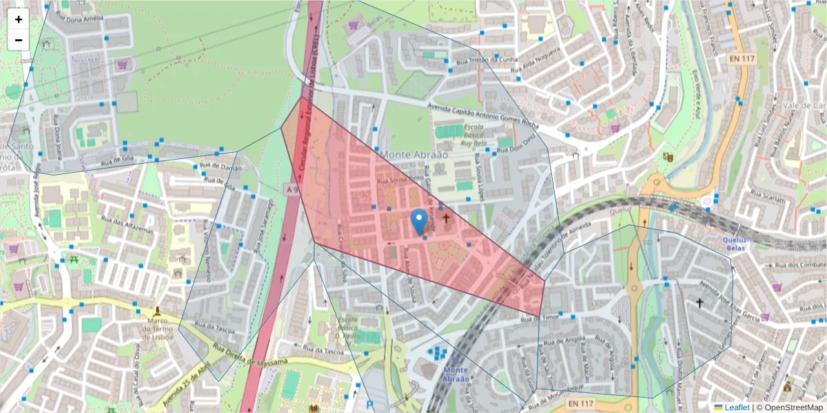 Mapa detalhado do código postal 2745-236 com limites, códigos postais vizinhos e agências dos correios