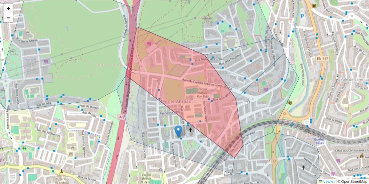 Mapa detalhado do código postal 2745-262 com limites, códigos postais vizinhos e agências dos correios