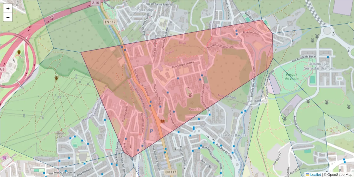 Mapa detalhado do código postal 2745-318 com limites, códigos postais vizinhos e agências dos correios