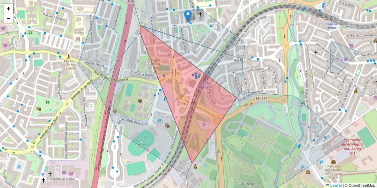 Mapa detalhado do código postal 2745-332 com limites, códigos postais vizinhos e agências dos correios