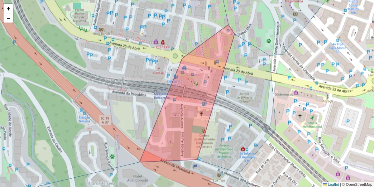 Mapa detalhado do código postal 2745-704 com limites, códigos postais vizinhos e agências dos correios