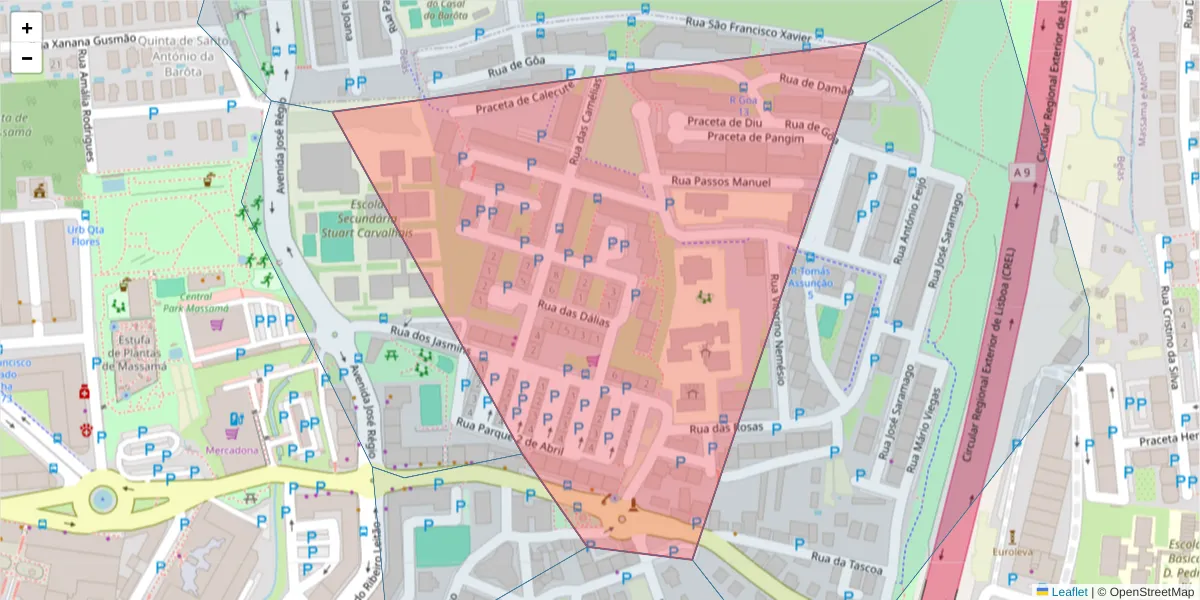 Mapa detalhado do código postal 2745-749 com limites, códigos postais vizinhos e agências dos correios