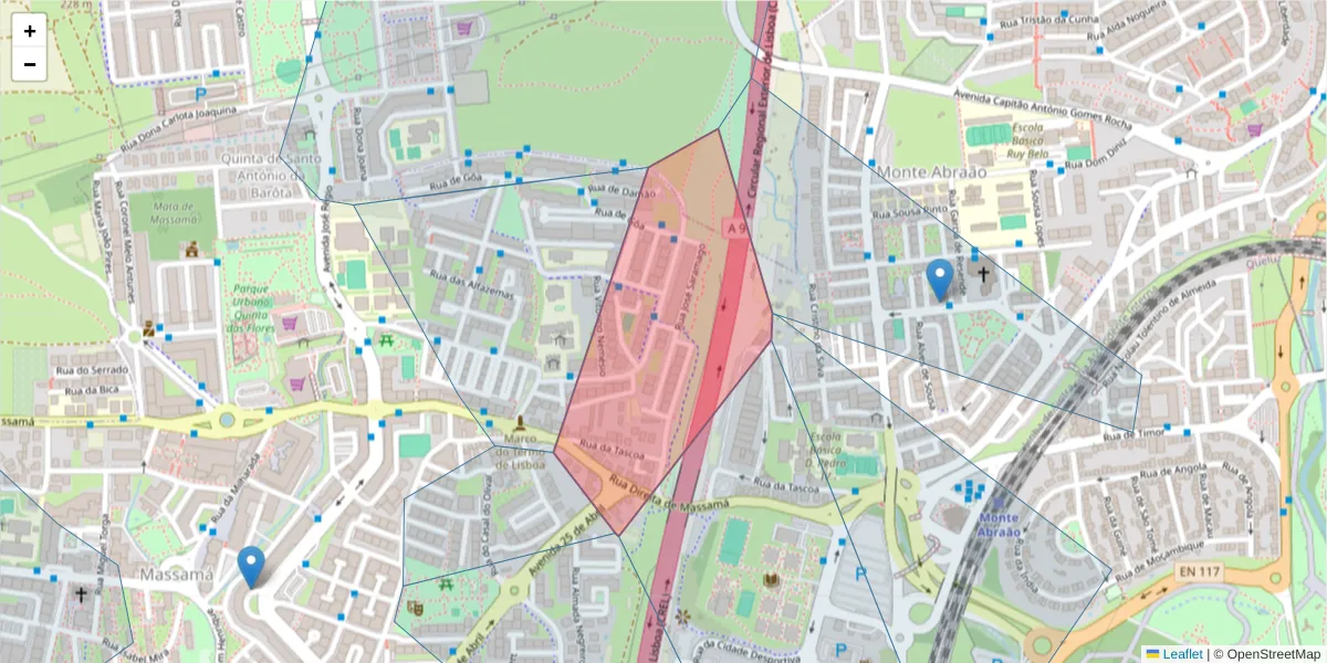 Mapa detalhado do código postal 2745-882 com limites, códigos postais vizinhos e agências dos correios
