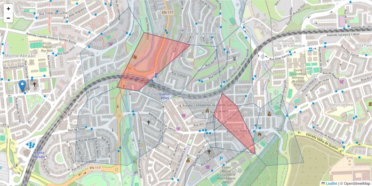 Mapa detalhado do código postal 2745 com limites, códigos postais vizinhos e agências dos correios
