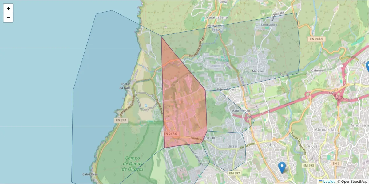 Mapa detalhado do código postal 2750-070 com limites, códigos postais vizinhos e agências dos correios