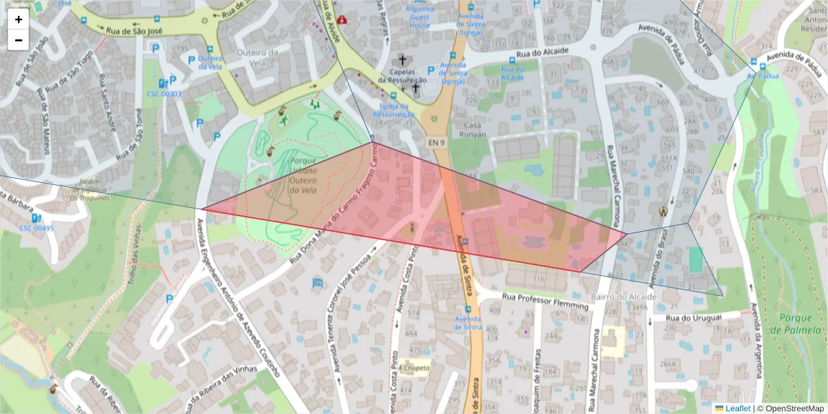 Mapa detalhado do código postal 2750-500 com limites, códigos postais vizinhos e agências dos correios