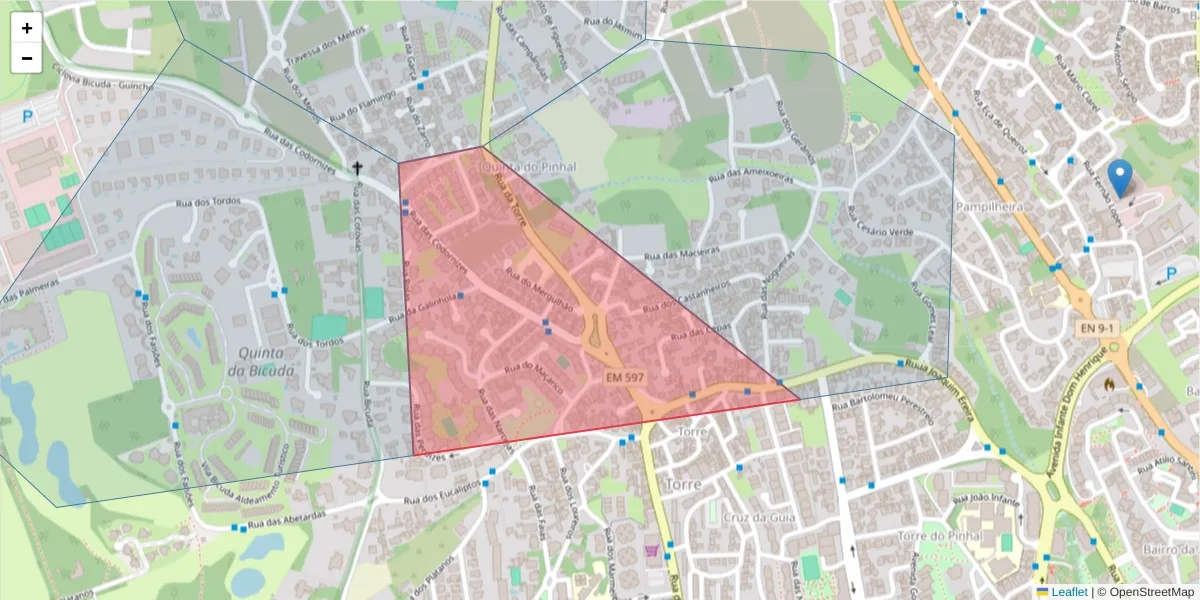 Mapa detalhado do código postal 2750-768 com limites, códigos postais vizinhos e agências dos correios