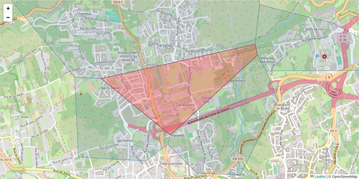 Mapa detalhado do código postal 2750-834 com limites, códigos postais vizinhos e agências dos correios