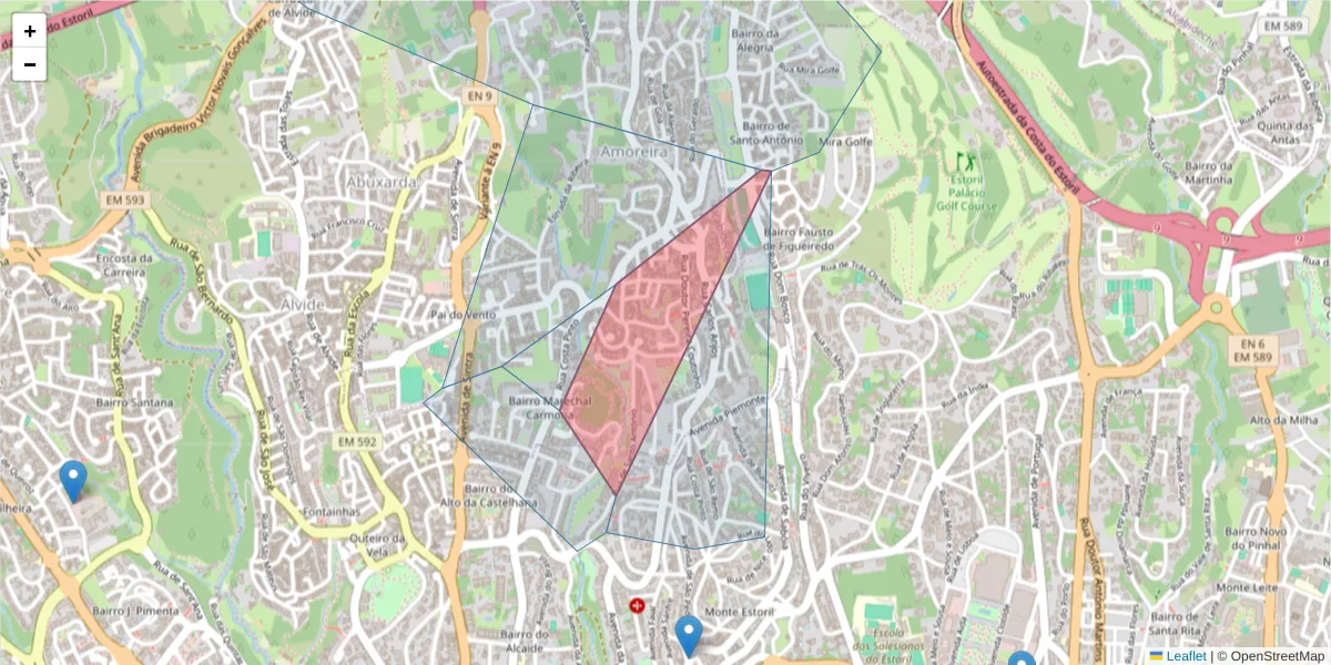 Mapa detalhado do código postal 2755-287 com limites, códigos postais vizinhos e agências dos correios