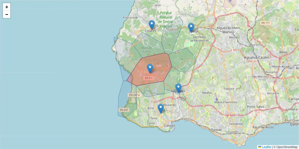Mapa detalhado do código postal 2755 com limites, códigos postais vizinhos e agências dos correios