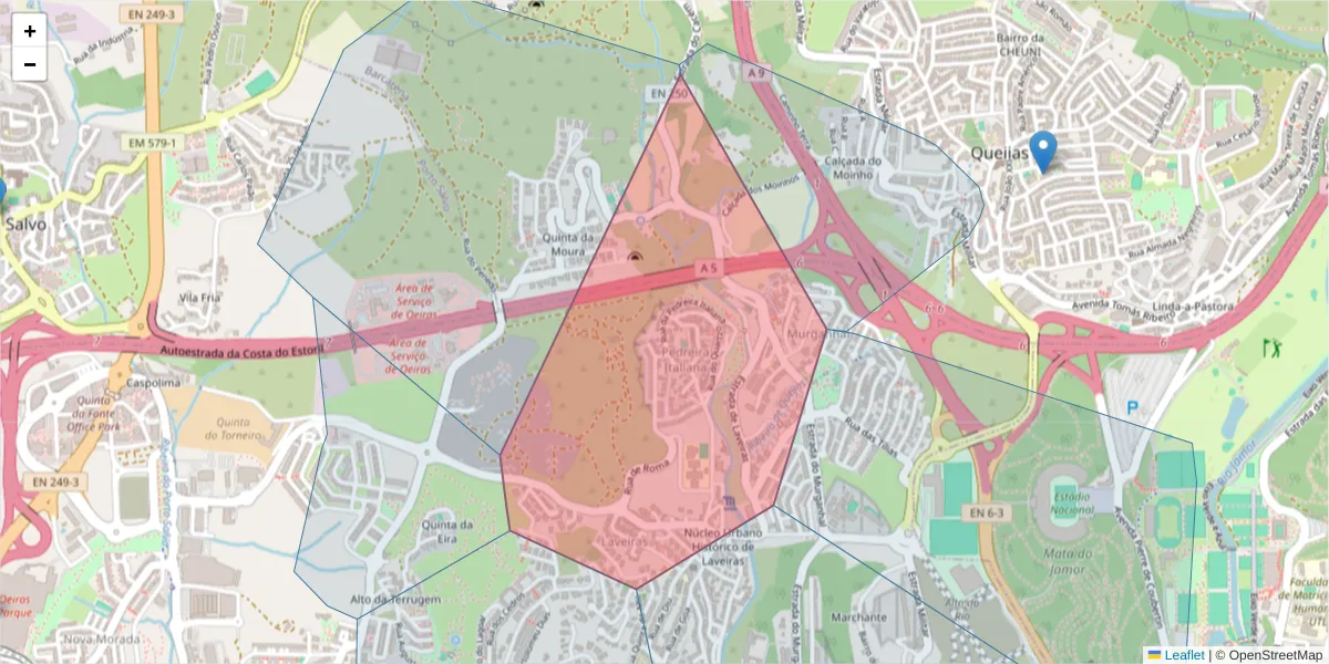 Mapa detalhado do código postal 2760-084 com limites, códigos postais vizinhos e agências dos correios